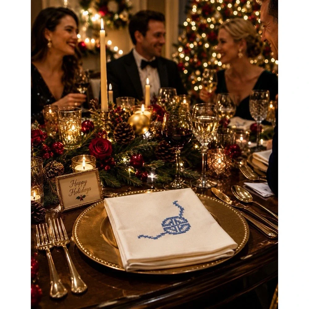 Vintage Hand Embroidered Linen Napkins Set 8 Blue Monogram Cross Stitch USA